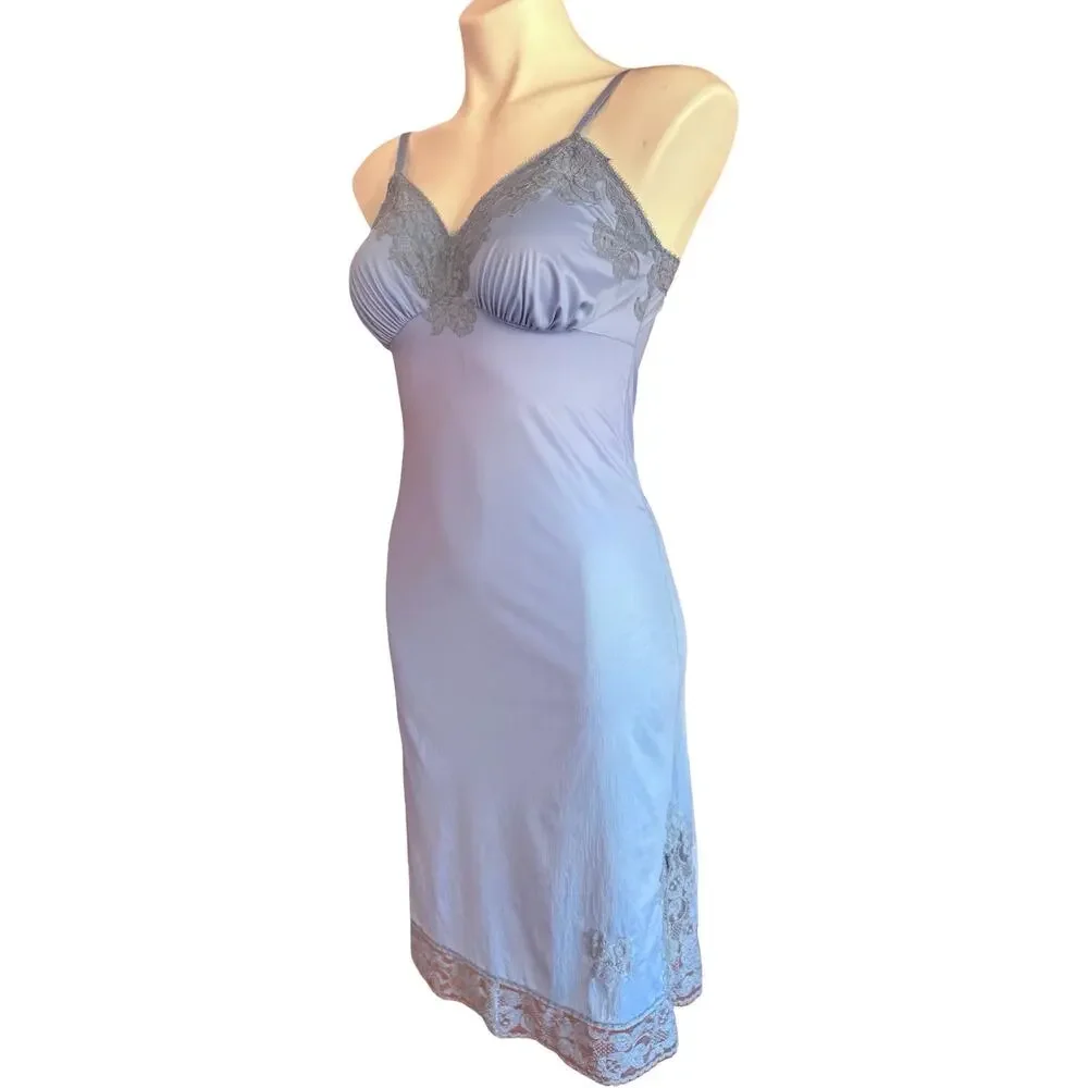 Vintage 60s Van Raalte Periwinkle Blue Nylon Slip Lace Applique Side Slit Sz 32